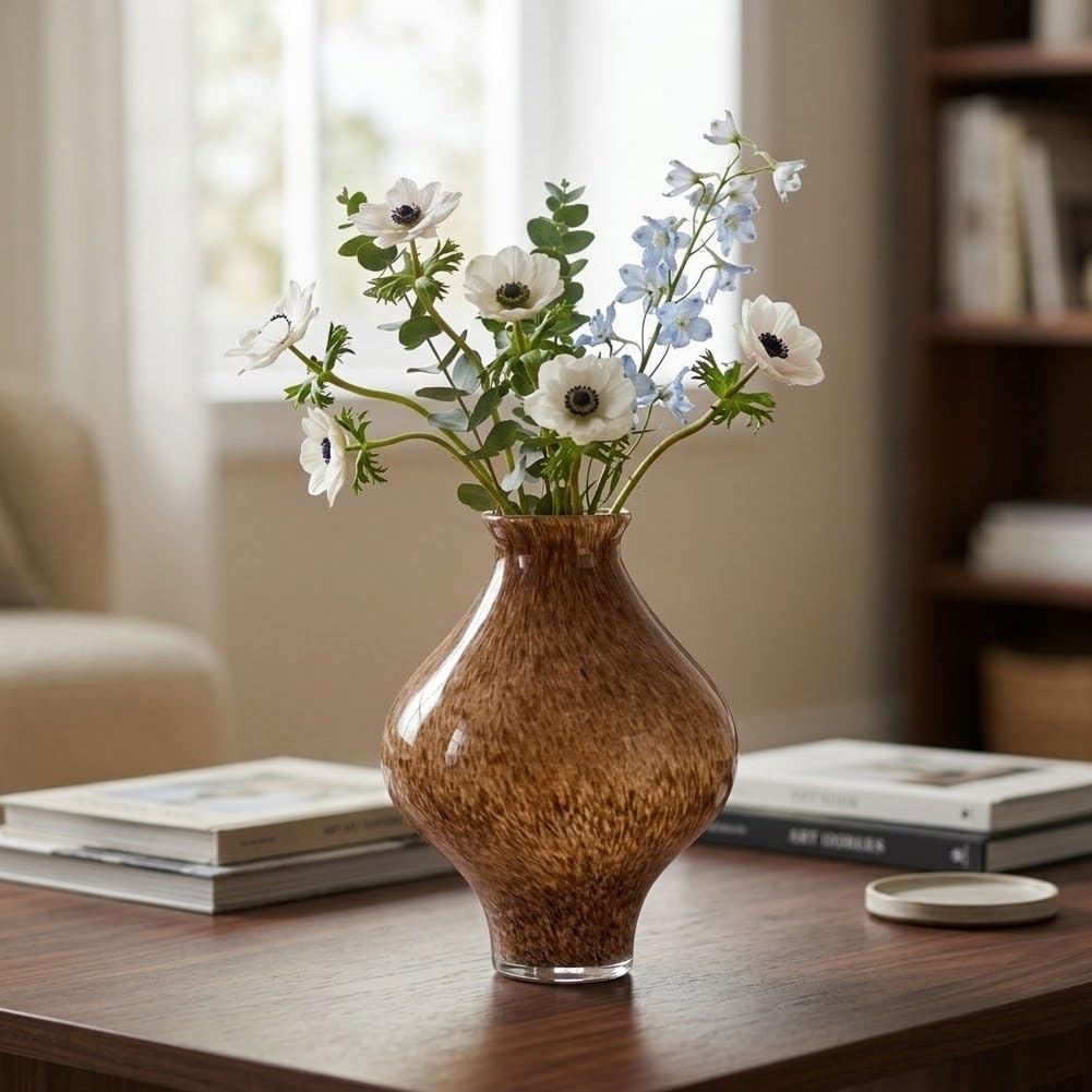 Brown Glass Vase 9.5" Amber Flower Vase, Modern Art Deco Vase with Speckled Swirl, Wide Mouth Decorative Vase for Flowers, Minimalist Table Centerpiece, Glass Vases Home Decor