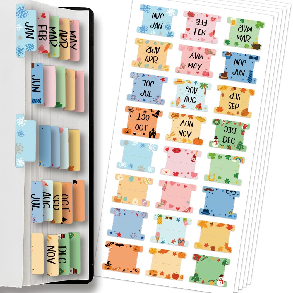 AHANDMAKER 120 Pieces Laminated Planner Monthly Tabs Adhesive Monthly Tab Planner Stickers Peel and Stick Laminated Tabs for Office Study Planners Stickers and Journal Organization, Festival Theme