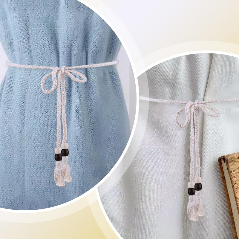 White Tassel Braided Rope Belt with Bead Waistband Fringe Woven Macrame Crochet Skinny Belt for Women Ladies Bohemian Woven Tie Belt for Summer Beach Dresses Pants Accessory Decoration4