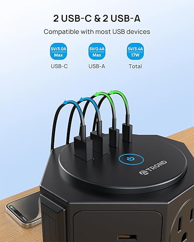 Miniatura 5 de TROND Regleta de protección contra sobretensiones de torre con USB, 14 tomas ampliamente espaciadas, 2 USB-C y 2 USB-A, protección contra