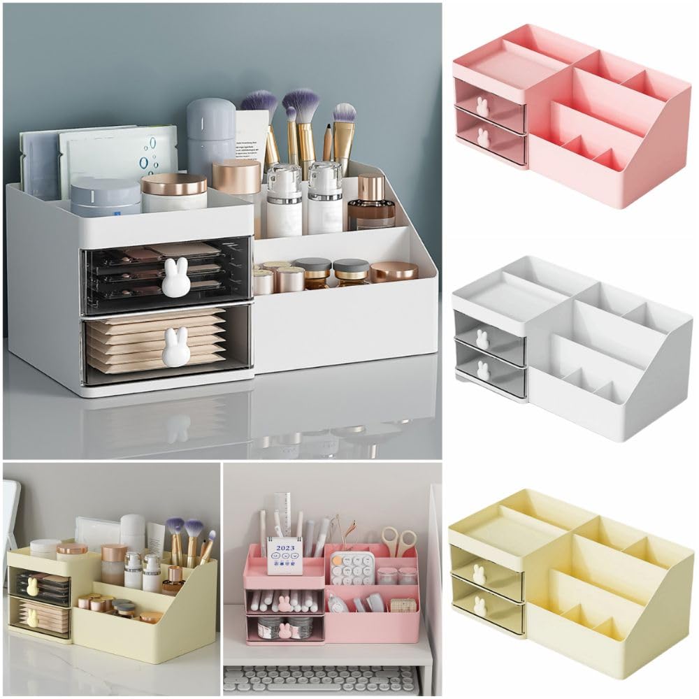 Organizador de escritorio de oficina con cajones, caja de almacenamiento de maquillaje y bolígrafo multicompartimento para tarjetas de visita, lápiz, teléfono móvil (rosa/blanco/amarillo