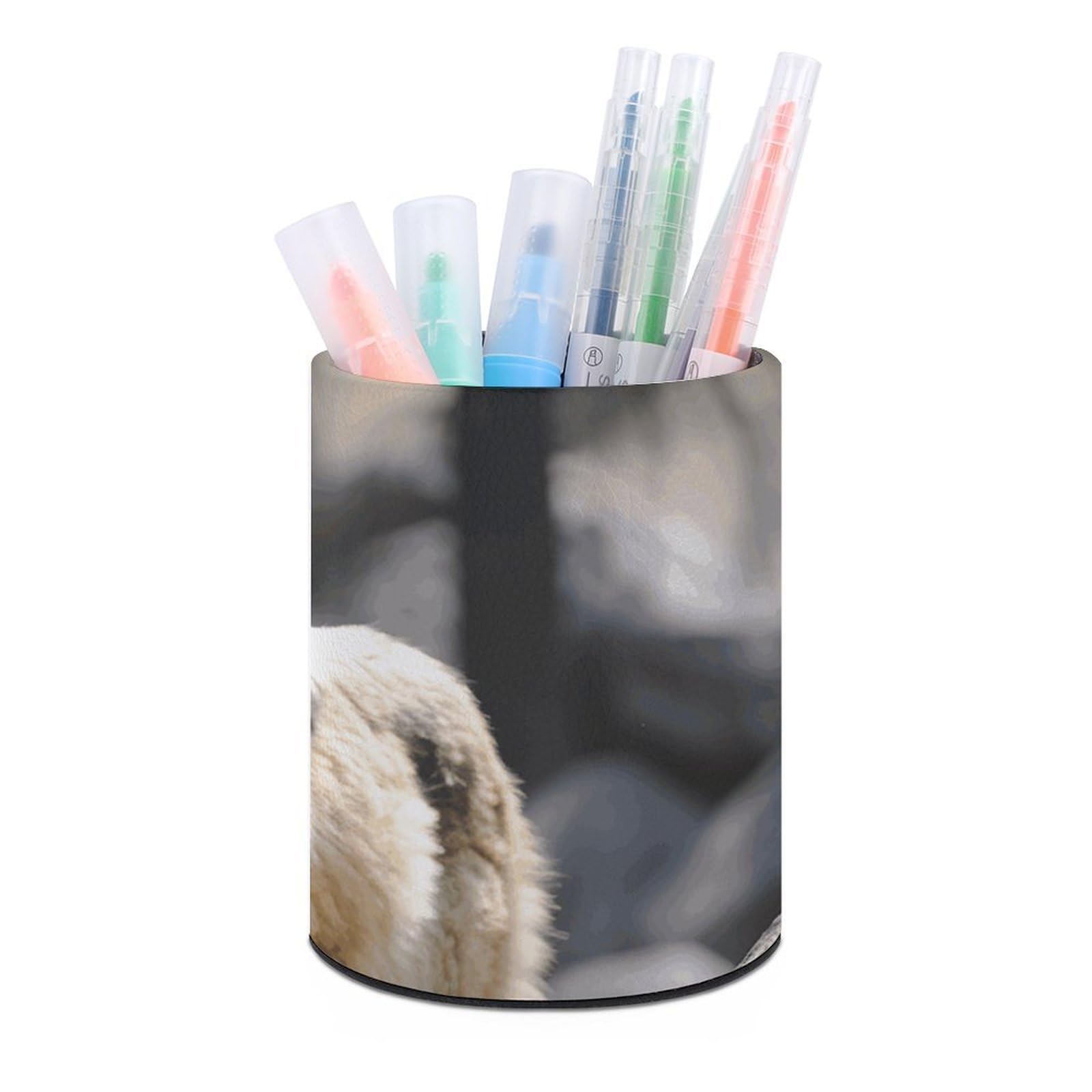 FekiLoot PU Leather Round Pen Holder Wildlife Wolf Pencil Holder Desk Organizer Pen Organizer Pen Cup Pencil Cup Caddy Desktop Stationery Organizers for Office Home Supplies