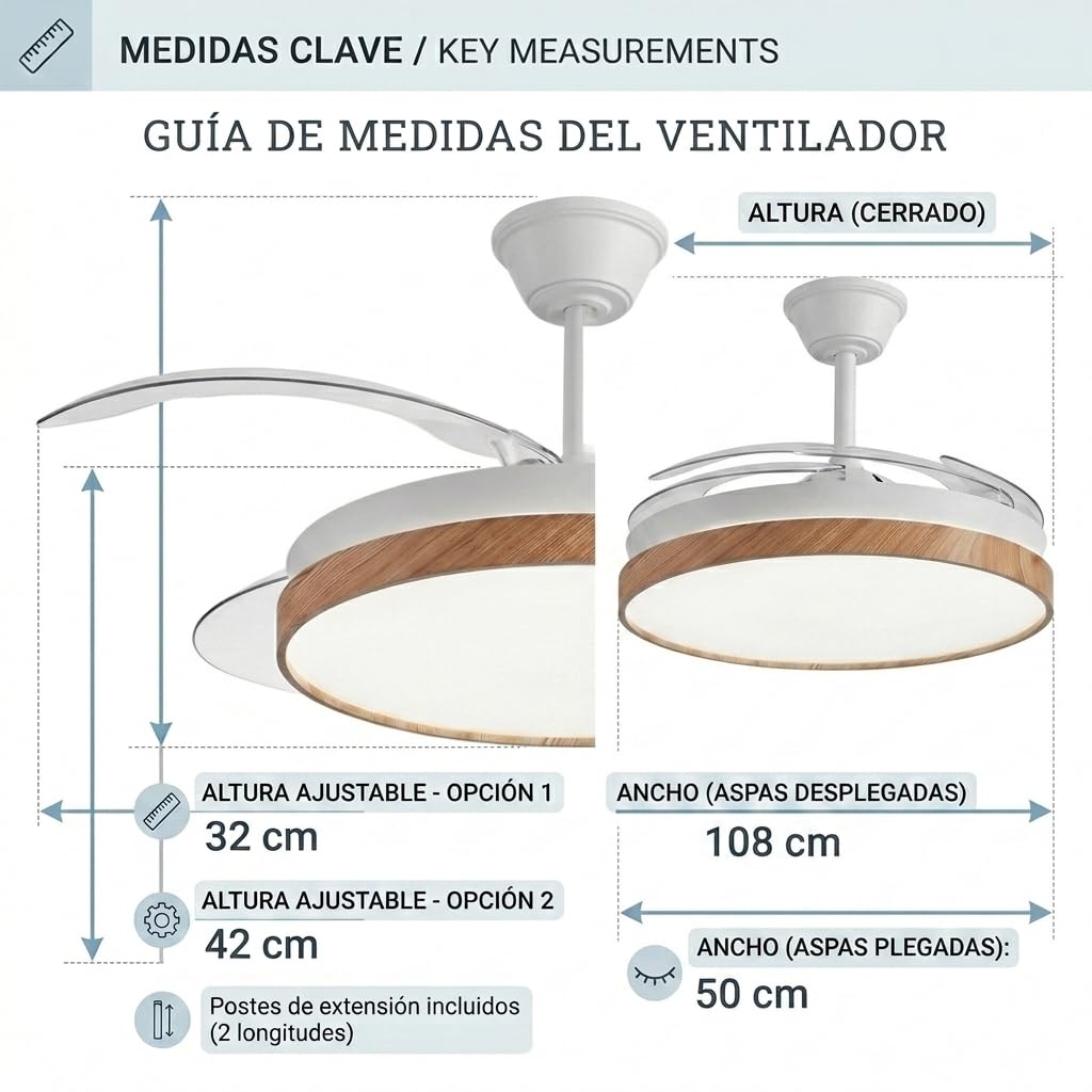 Ventilador de Techo Retractil Madera con Luz LED Silencioso - Ventilador de 108 cm con Tonos de Luz y Función Verano e Invierno con APP - Hasta 25 m2-30 W Motor DC