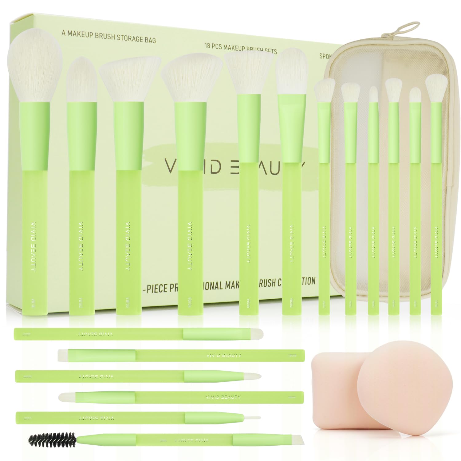 Green Makeup Brush Set – 18PCS Makeup Brushes with 2 Sponges & Travel Bag, Soft Cosmetic Brushes for Foundation, Powder, Blush, Eyeshadow –