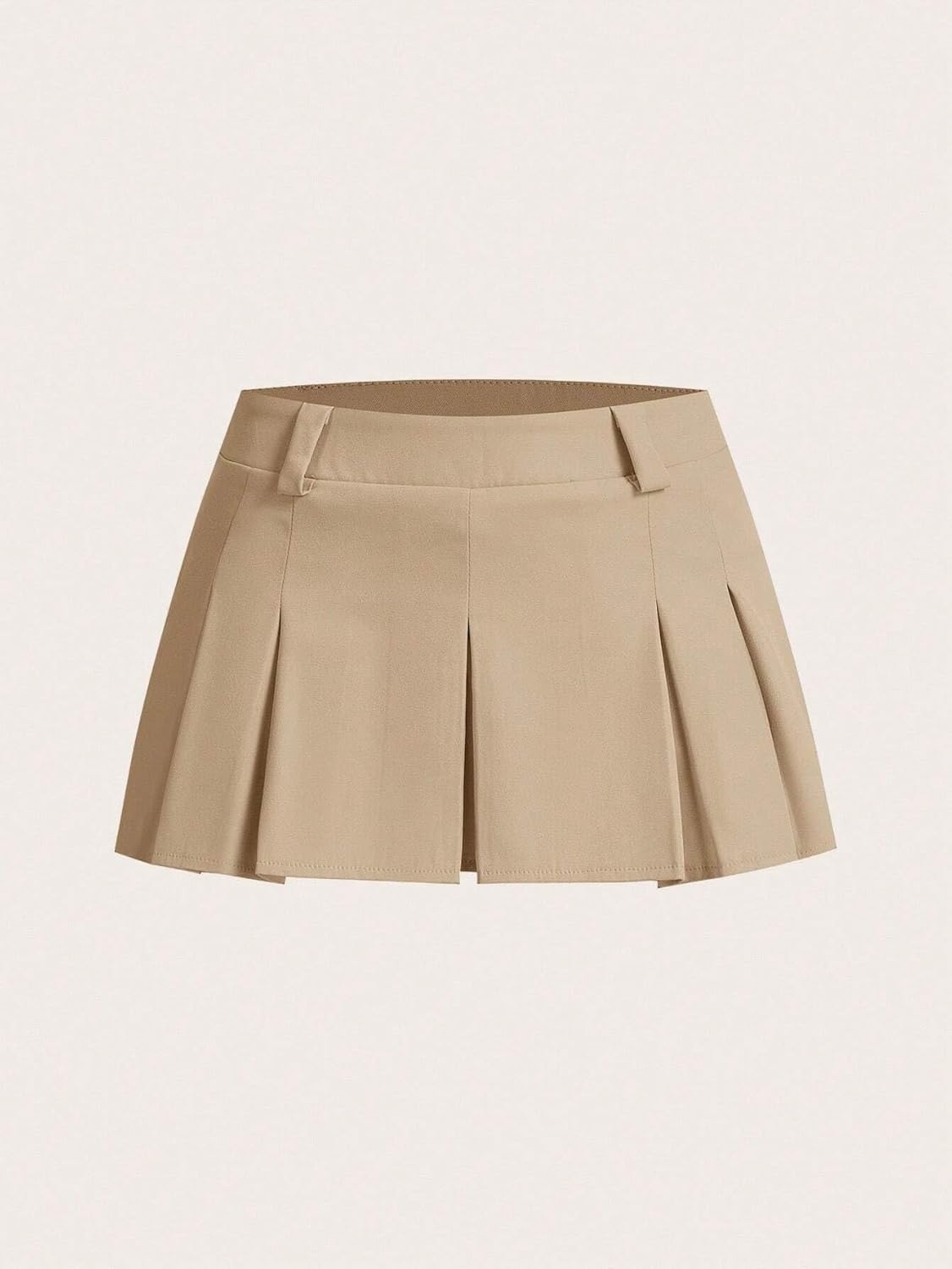 Womens Khaki Low-Rise Pleated Mini Skort - Casual Skirt with Zipper for Everyday Wear