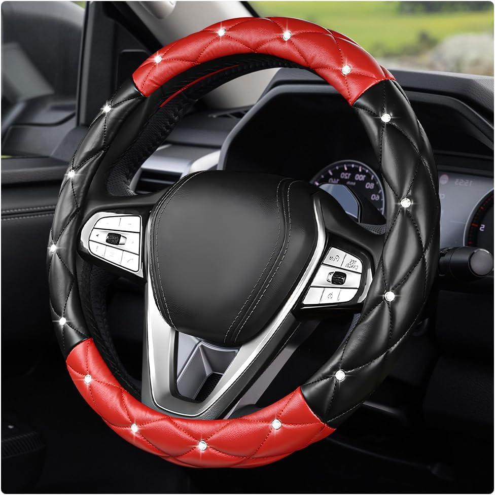 Bling Car Steering Wheel Cover, 15 Inch Diamond Leather Anti-Slip Auto Steering Wheel Protector, Cute Sparkly Rhinestones Wheels Cover Automotive Decoration for Women Girl (Black & Red)