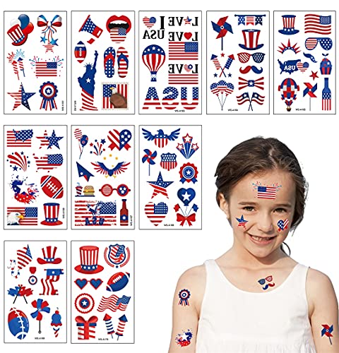 Wareon 4th of July Decor Fourth of July Decorations Tattoos Stickers,4th of July Accessories,Independence Day,Memorial Day,Labor Day ,Patriotic Theme Party Decor Supplies 10 Sheets