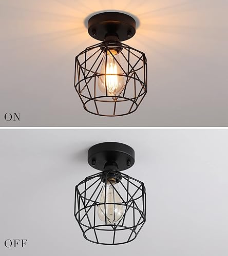 Miniatura 8 de Q&S Lámpara de techo semiempotrada negra industrial vintage retro jaula RV pequeña lámpara de techo para pasillo, armario, cocina, escalera,