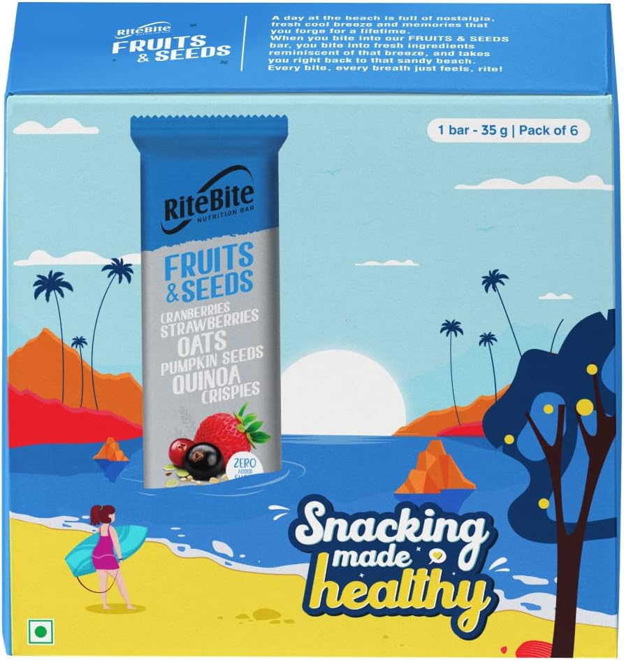 RiteBite Max Protein Fruit & Seeds Low Calorie Vegan Cereal Snack Bar with Cranberries & Quinoa 210g - Pack of 6