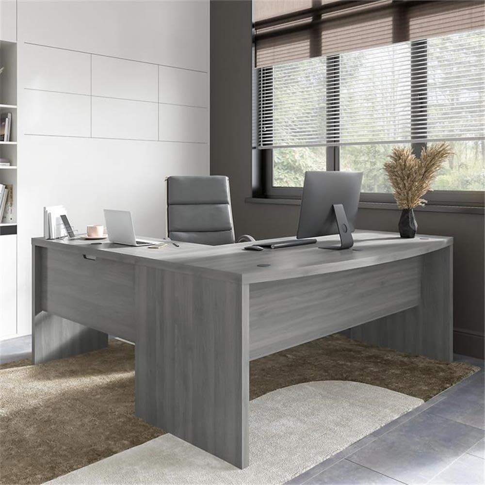 Pemberly Row 72W Bow Front L Shaped Desk, Modern Gray Finish, Engineered Wood, Durable Laminate Surface, 42W Return, Home or Office Computer Desk, Spacious Desktop for Work or Collaboration