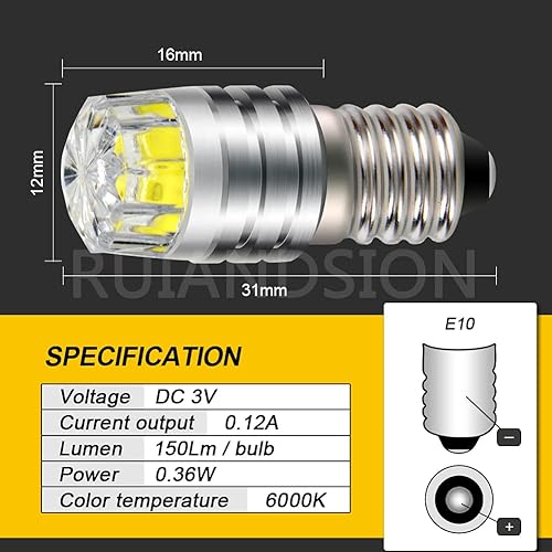 Miniatura 4 de Ruiandsion 2 unids E10 Base LED Bombilla de actualización 3V COB 2W reemplazo para linternas antorcha luces, blanco