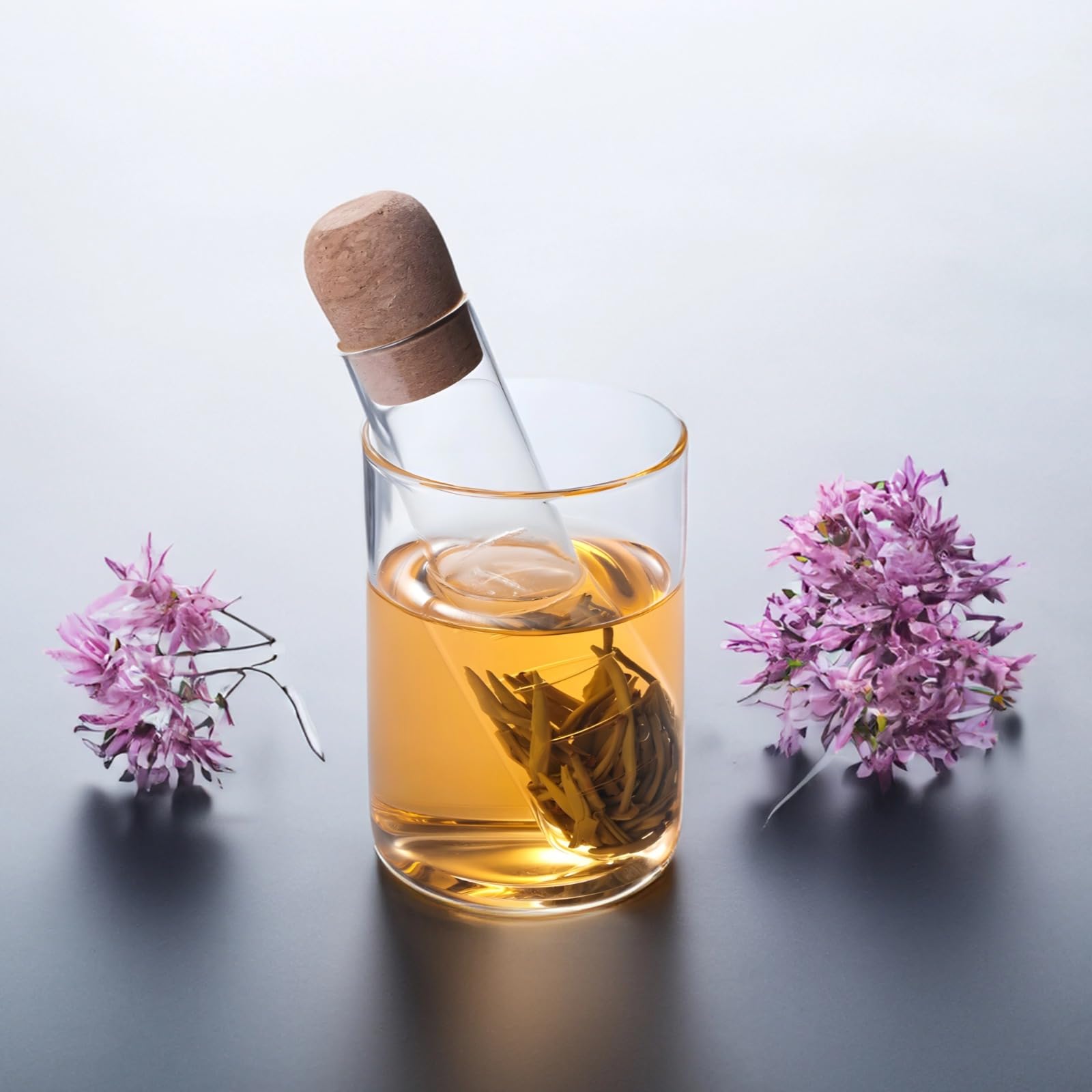 Lot de 6 infuseurs à thé en verre avec bouchon en liège, filtre réutilisable pour thé en feuilles longues, tisanes et fleurs, pour tasse, mug et théière, nettoyage facile