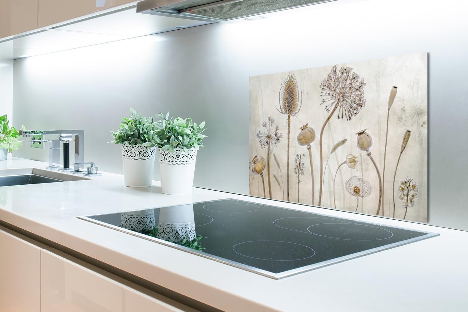 KitchenYeah© Pannello Paraschizzi Cucina Alluminio 70x50 cm para Schizzi per Piano Cottura Parete Cucine Fiori - Acquerello - Natura Morta - Marrone - Vintage