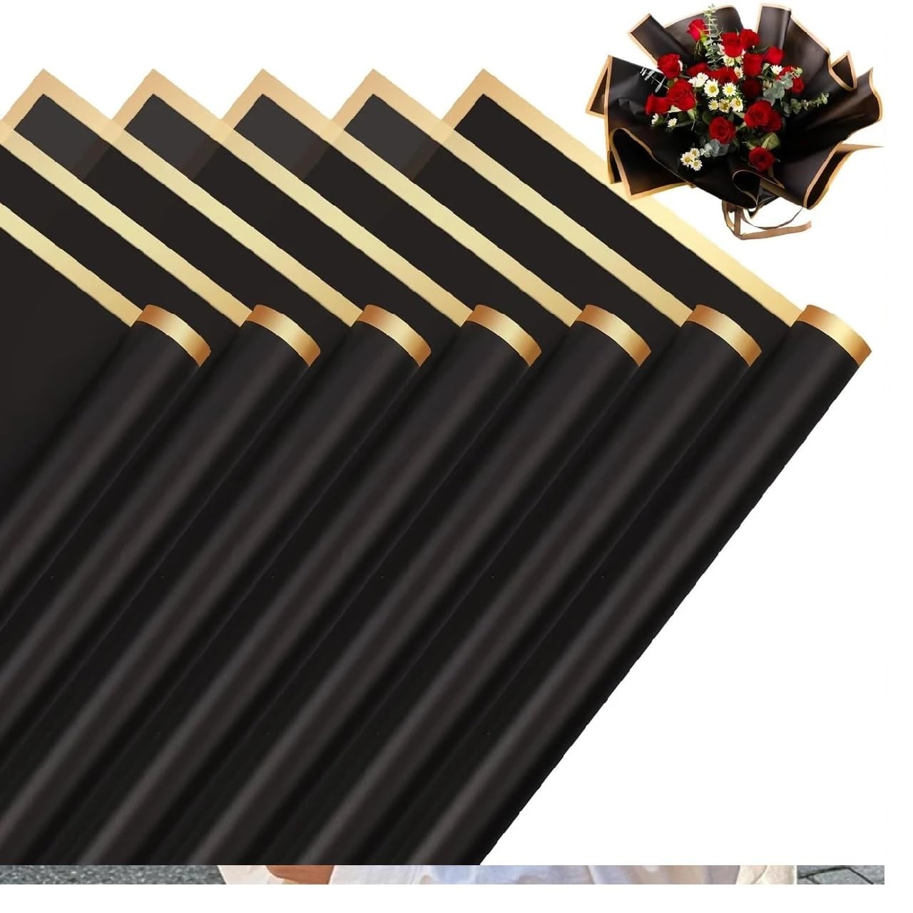 PaperAura Golden Border Line Korean Flower Wrapping Paper For Bouquet,Gift Wrap,DIY(Black) Flower Plastic Gift Wrapper (Black, Gold)-image-27