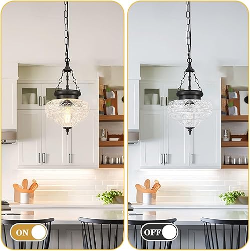 Miniatura 5 de Lámpara colgante vintage  Luces colgantes negras mate para isla de cocina con vidrio floral soplado a mano, accesorios de iluminación grandes con