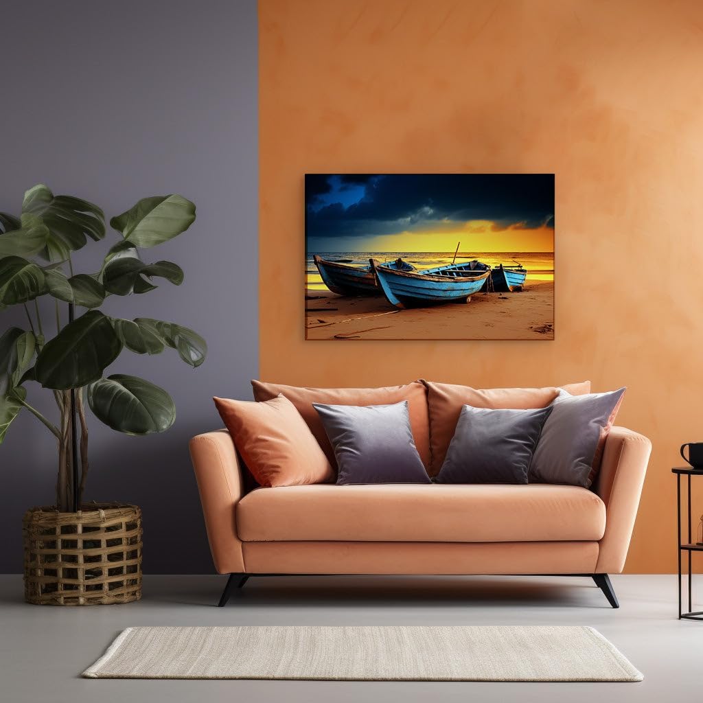 Canvas for Living room. Sunset Serenity: Weathered Boats on a Dramatic Coastal Canvas, 27 x 18 inch Canvas Wall Art - Contemporary Masterpieces - Modern Home Decor