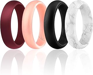ROQ Silicone Wedding Ring for Women, Set of 4 Silicone Rubber Wedding Bands - Maroon, Rose Gold, Marble, Black - Size 7