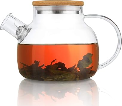 CnGlass Glass Teapot Stovetop Safe with Bamboo Lid,900ml/30.4oz Clear Teapots with Removable Infuser,Glass Tea Kettle for Loose Leaf and Blooming Tea