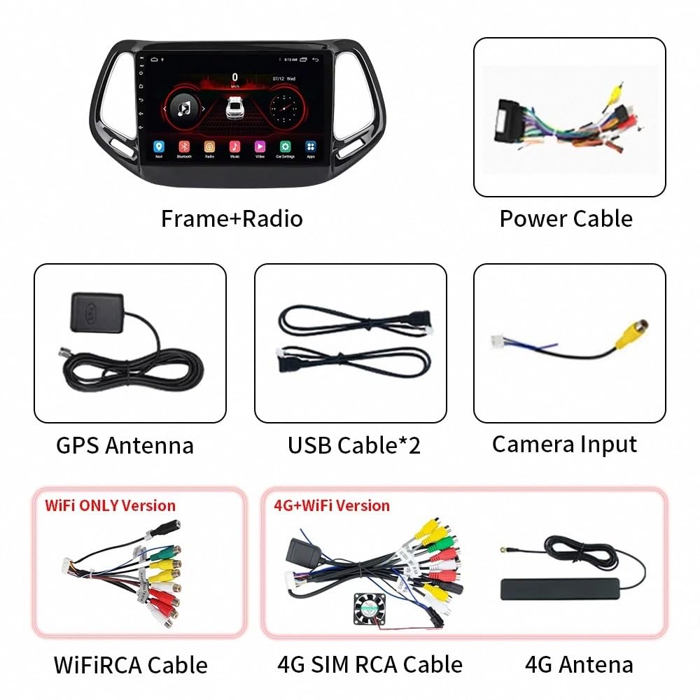 Car Stereo Carplay Radio de Coche para Jeep Compass 2 MP 2017-2019 Soporta Bluetooth, Control Volante, USB, WiFi, 4G, Mirror-Link, GPS Navegador/Radio FM, 4 Nuclear 2G+32G