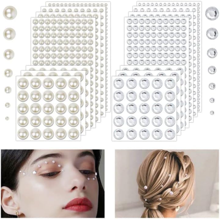 TecoKart 2032 Pcs Self Adhesive Pearls and Rhinestones Sticker,Hair Gems and Hair Pearl, Face Pearls for Makeup, Crafts, Home Decor Scrapbooking,7 Sizes 3mm/4mm/5mm/6mm/8mm/10mm/12mm 1