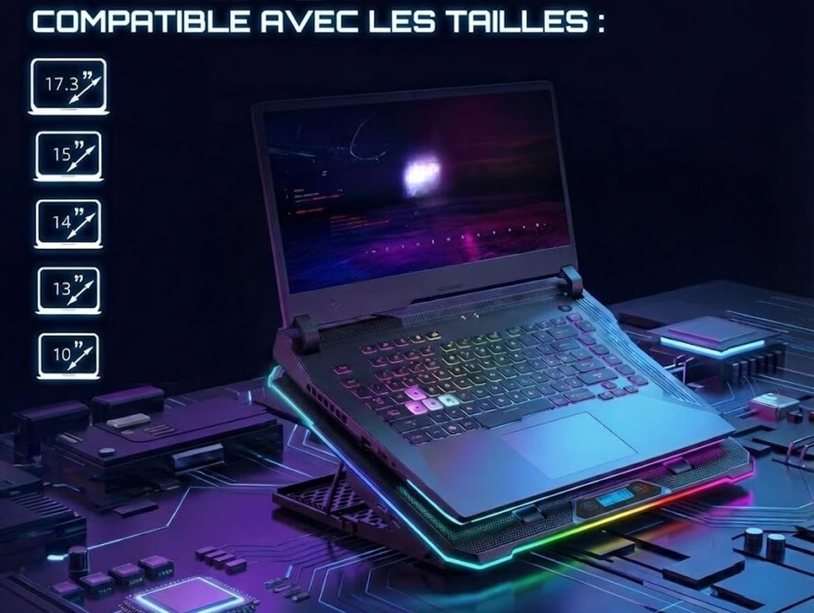 AABCOOLING Quantum -Ventilateur PC Gamer 9-17" -Support De Téléphone - Éclairage RVB - 13 LED Ventilateurs Silencieux, Efficaces -Réglage de 9 Niveaux - Contrôle LCD - Refroidisseur Laptop Cooler