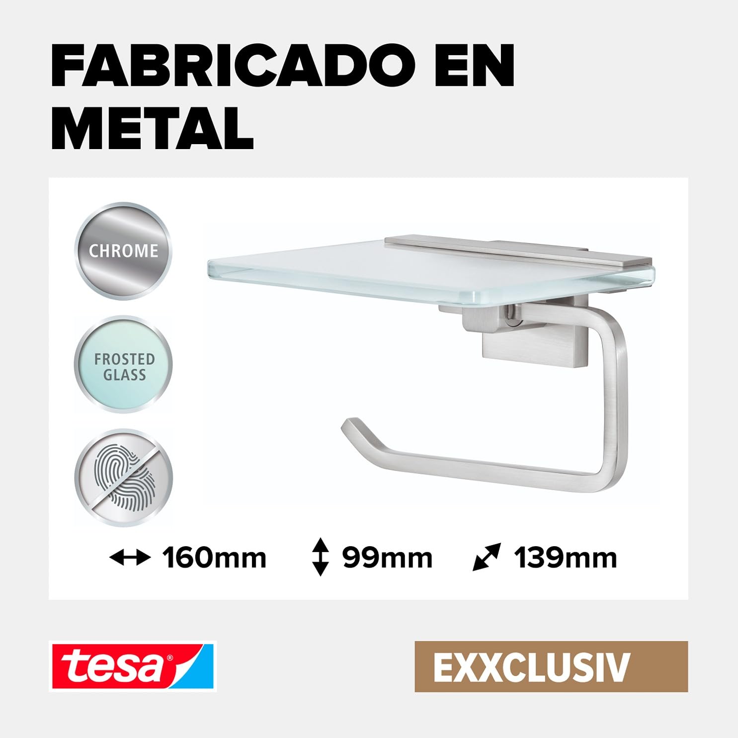 tesa EXXCLUSIV - portarrollos para Papel Higiénico con Tapa - Montaje sin Taladrar - Alta Fuerza de Fijación con Tecnología Power.Kit - 47 x 141 x 131 mm - Acero Inoxidable