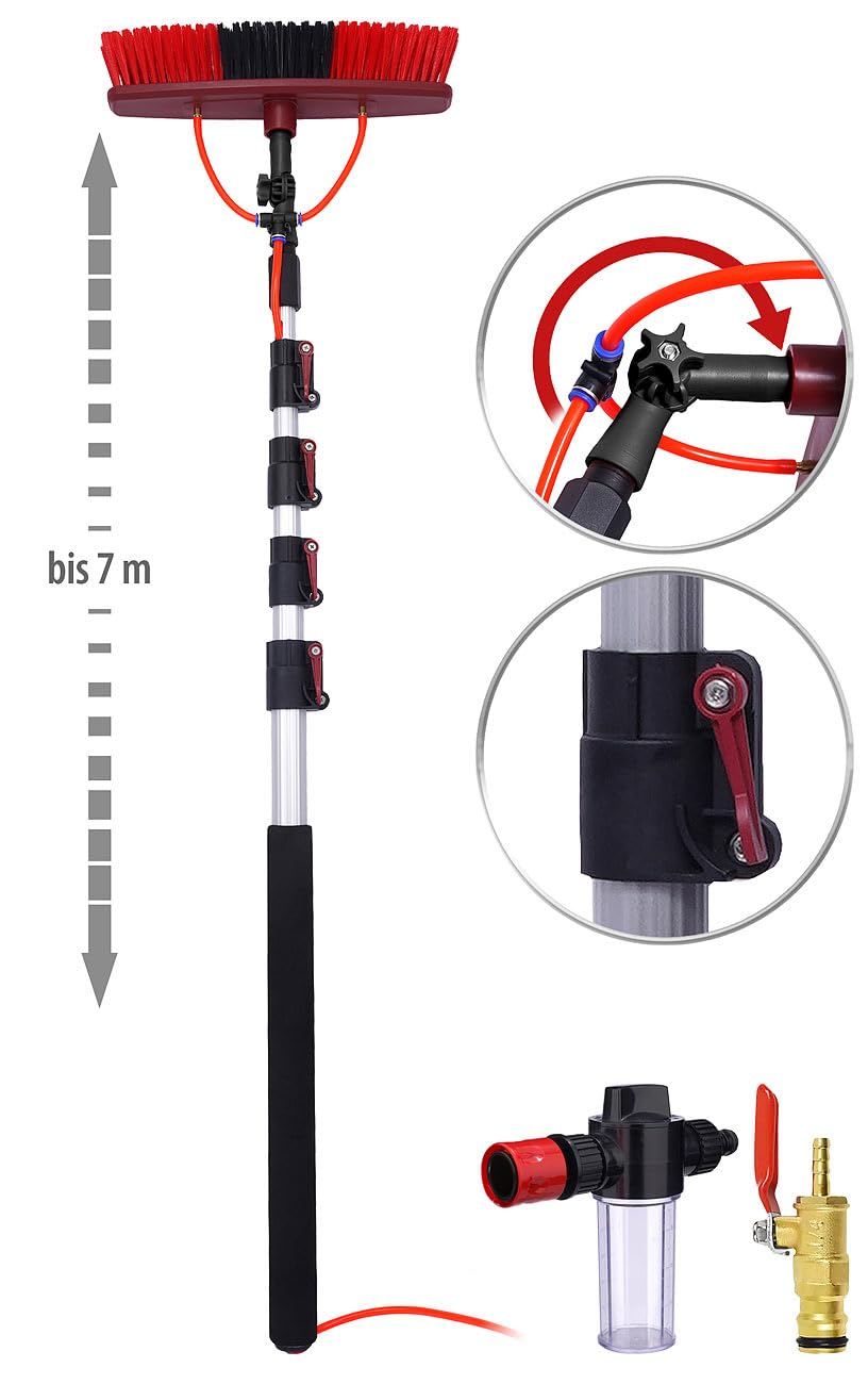 AGT Teleskopbürste: Teleskop-Waschbürste, bis 7 m, Alu-Stangen, Reinigungsmittel-Tank (Teleskop Reinigungsbürste, Teleskopbesen, PV)