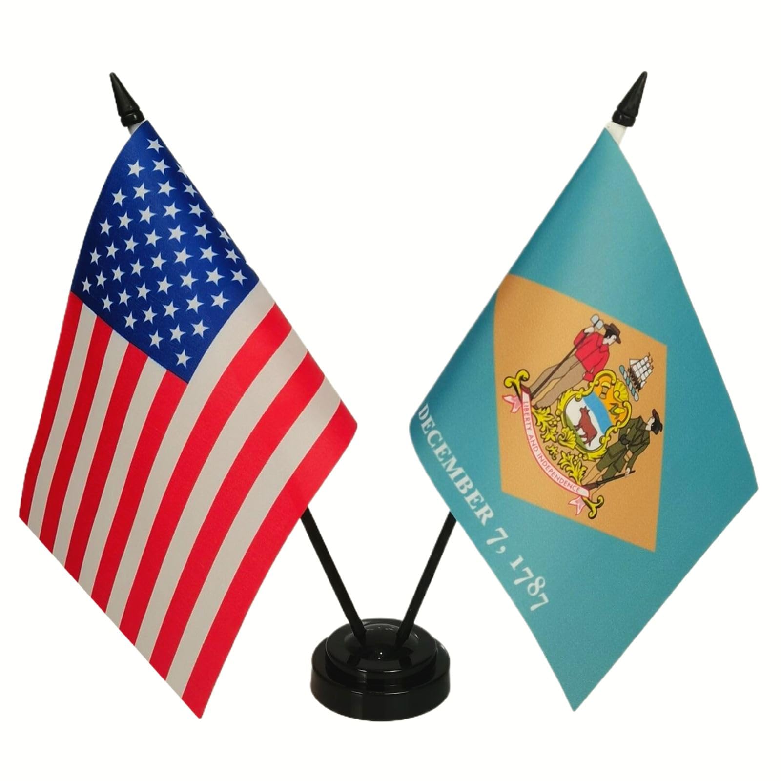 ZigvertAmerica & Delaware Twin Desk Flag, US Delaware Table Flags, 8 x 5 Inches American & Delaware Deluxe Desk Flag Set - Miniature USA & Delaware Stick Flag with Flag Stand