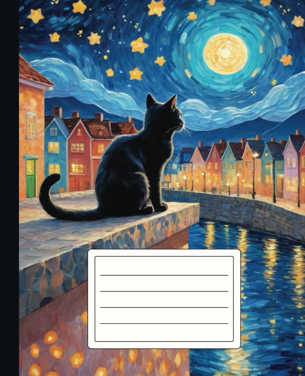 Composition Notebook Wide Ruled: Cute Black Cat Starry Night Sky Painting Kawaii Aesthetic. For Elementary and Middle School Students, Girls, Boys,