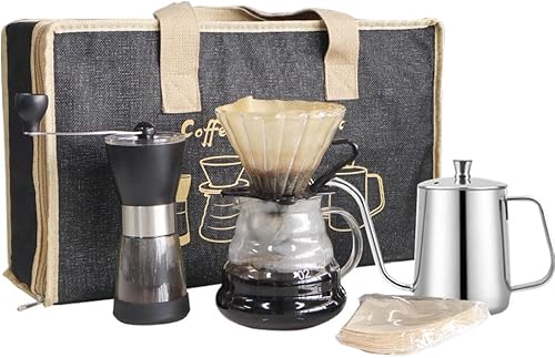 SOTECH Juego de cafetera con cuello de cisne negro, soporte de filtro de madera, gotero de café, servidor de vidrio con filtros de café de papel,