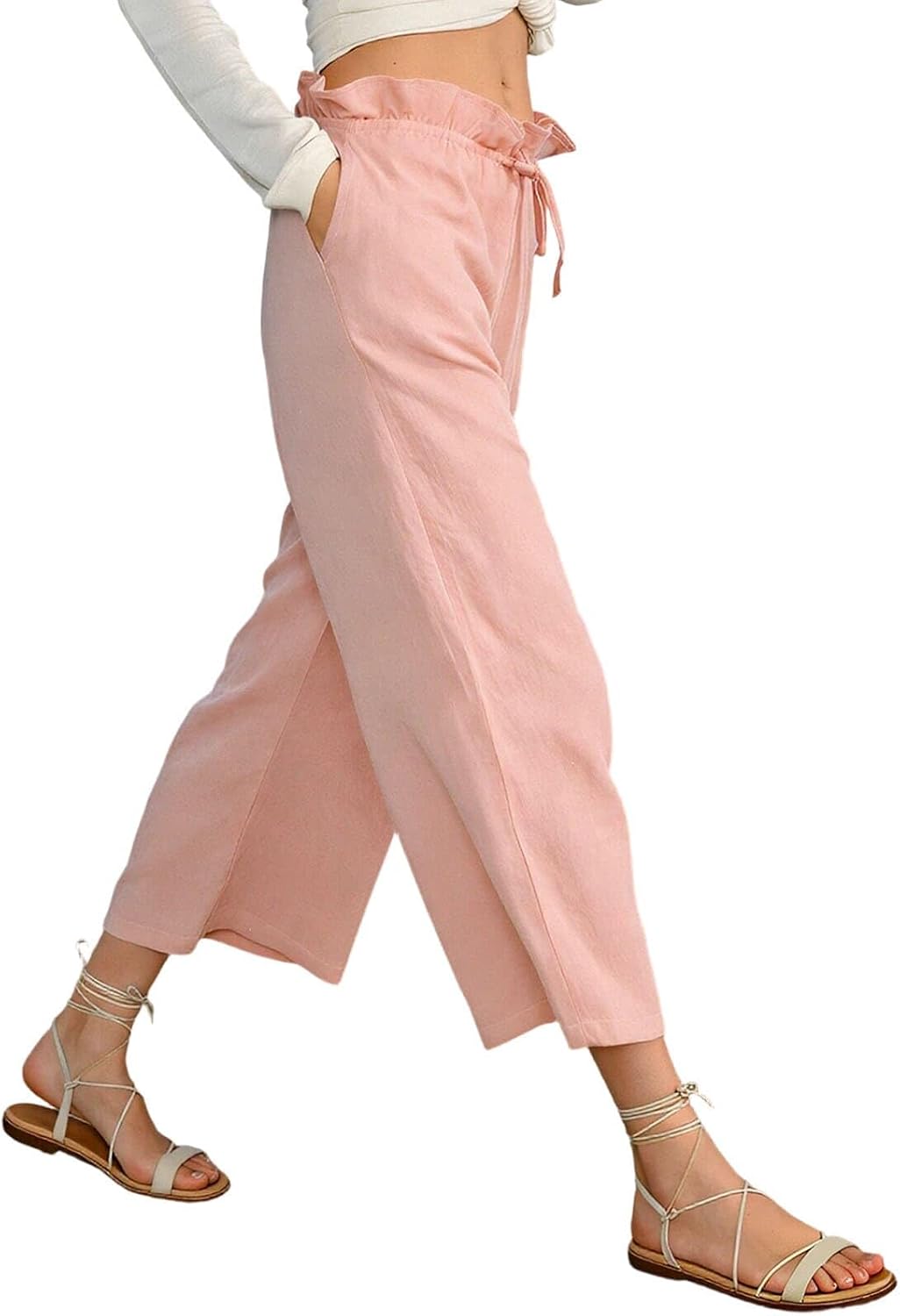 Capris Pants for Women Summer Casual Loose Ruffle Drawstring High Waist Wide Leg Beach Cropped Trousers with Pockets