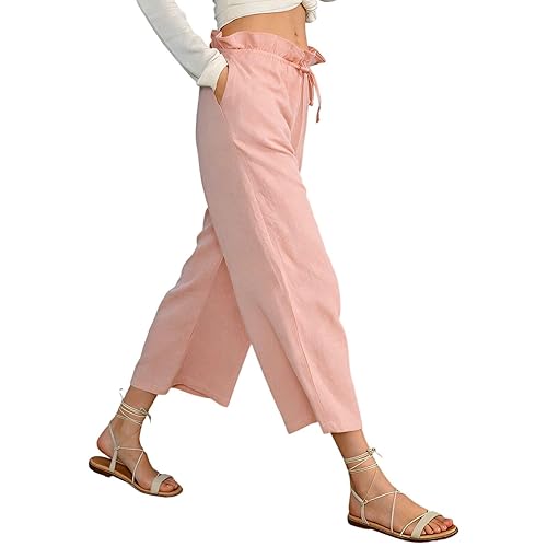 Womens Cotton Pants Elastic High Waisted Pants Wide Leg Dstring