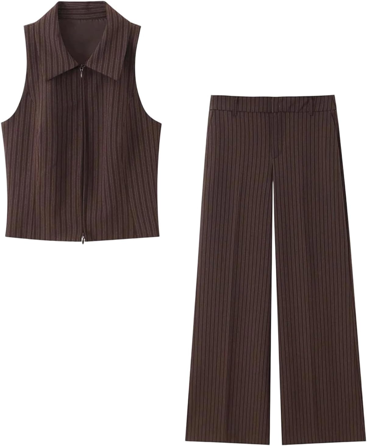 Women’S Pant Suit Lapel Sleeveless Striped Vest Street Casual Loose Low Waist Flared Long Pant Wide Leg Pants Lounge Set