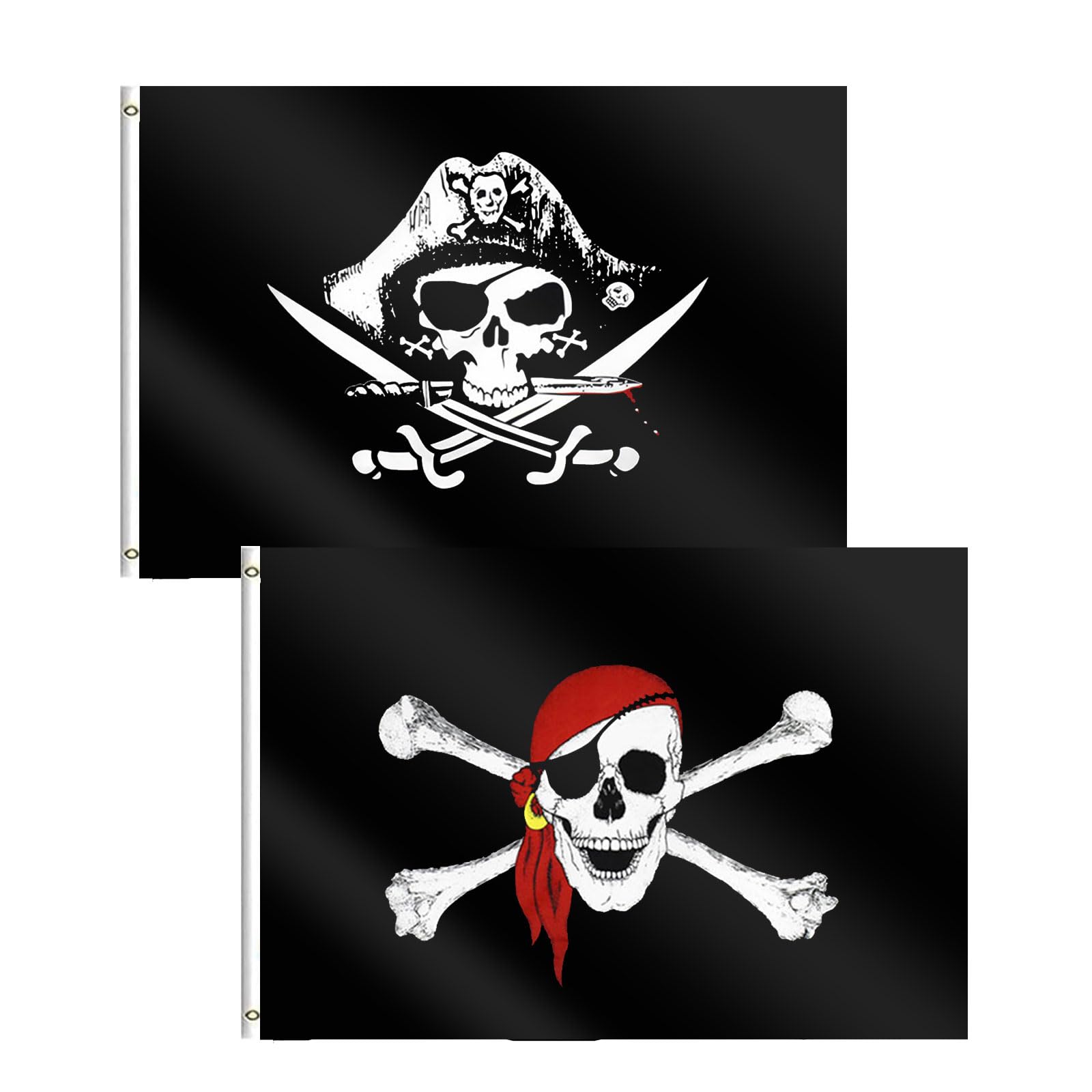 Flaga pirata 60 x 90 cm – wzór trupiej czaszki i noża krzyżowego – 2 sztuki na imprezy Halloween i dekoracje