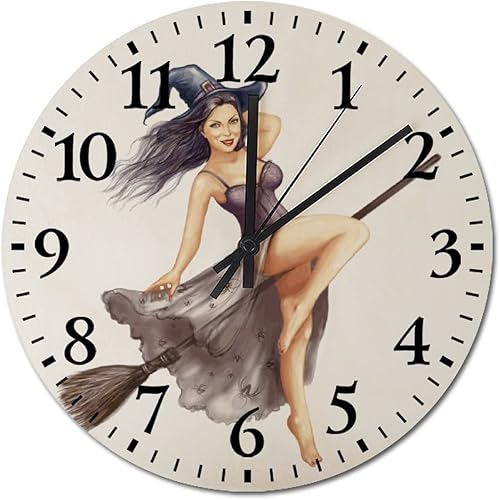 ArogGeld Pinup - Reloj de pared para niña, reloj de madera de bruja de Halloween, 10, silencioso, sin tictac, funciona con pilas, para sala de