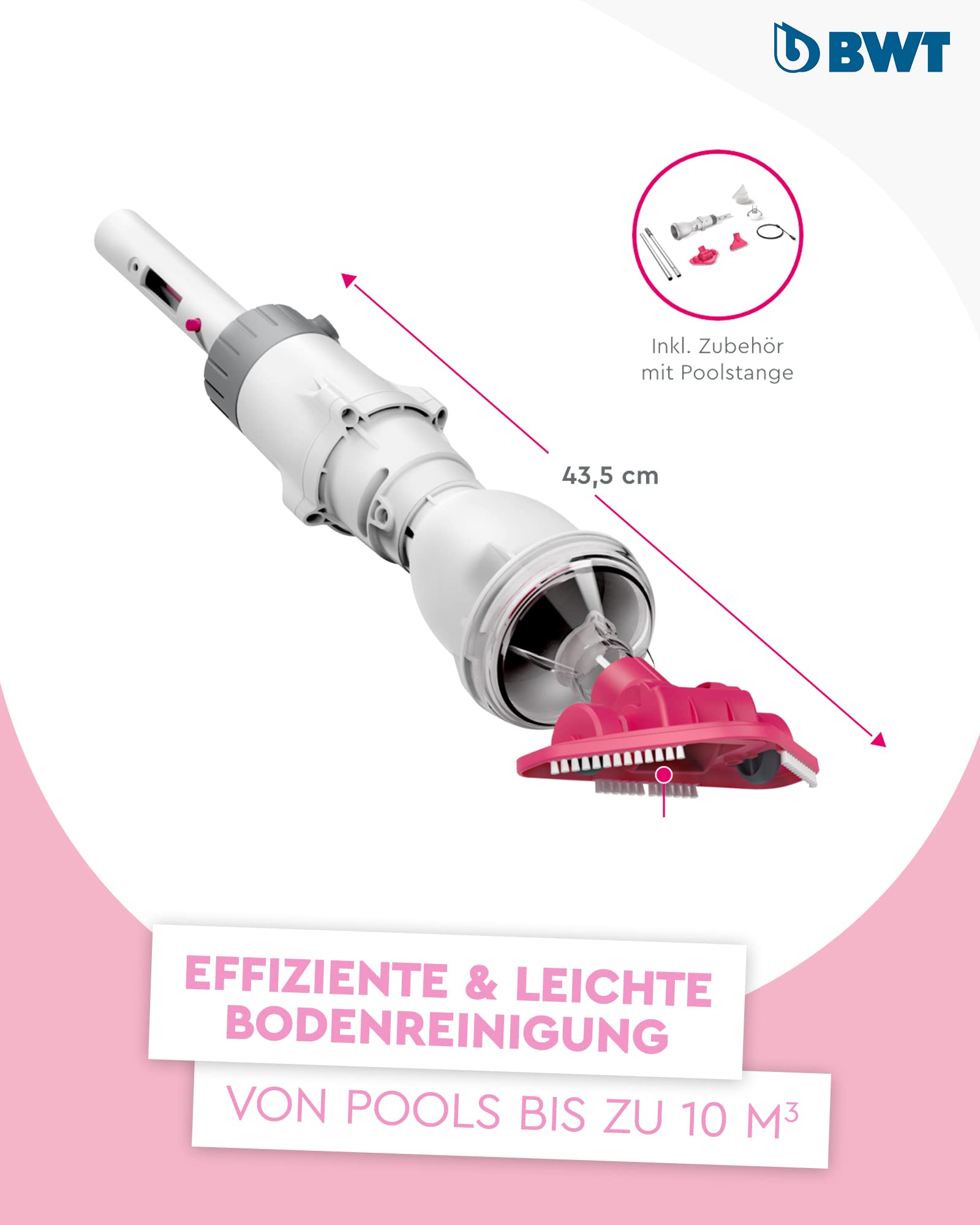 BWT Poolsauger BC02 (mit Standard-Poolstange) | Effektive Reinigung von freistehenden Pools und Pools bis 10 m³ | Kabelloser Betrieb mit maximaler Bewegungsfreiheit | Hohe Saugleistung