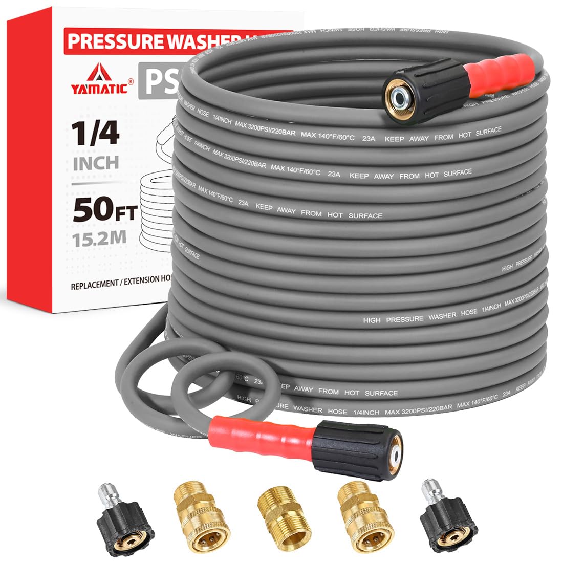 Photo 1 of YAMATIC Upgraded Flexible Pressure Washer Hose 50FT 1/4", 3200 PSI Non-Kink Replacement with M22-14mm & 3/8" Quick Connect Adapters, Extension for Gas Power Washer Troy-Bilt Ryobi Honda Craftsman