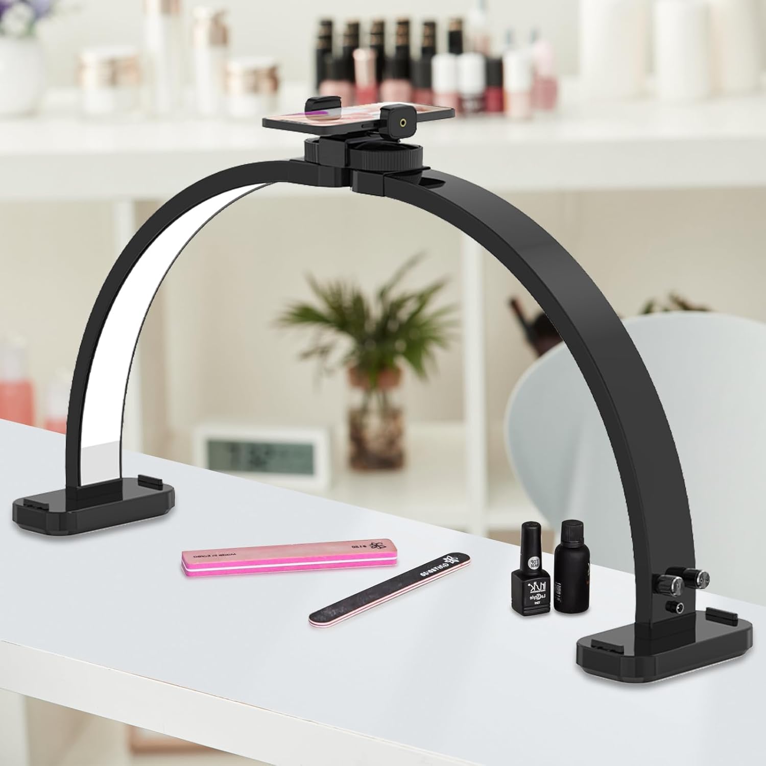FAHKNS Half Moon Light for Nail Desk, Upgraded Nail Lamp for Desk, LED Light Used for Nail Art Tattooing, Eyelash Extension, 28IN Folding Lamp, 3 Color Temperature, Black