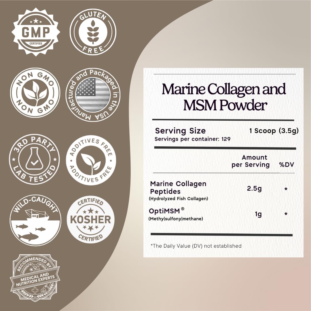 Zen Principle Hydrolyzed Marine Collagen Peptides Powder with OptiMSM® Supplement. Clinically Tested for Skin Support. Wild-Caught Fish, Non-GMO. Container 16 oz