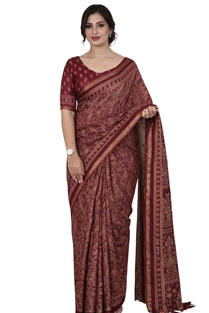 Ajrakh Print Saree with Paisley Pattern, Cotton Blend, Traditional Woven Border, Ethnic And Fastival Saree-image-36