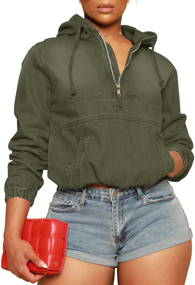 PINSV Women's Half Zip Denim Hoodie Pullover Jacket Jean Sweatshirt Tops