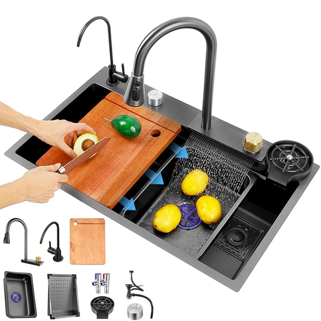 Évier de cuisine à une cuve en acier inoxydable 304 anti-rayures avec douchette extractible