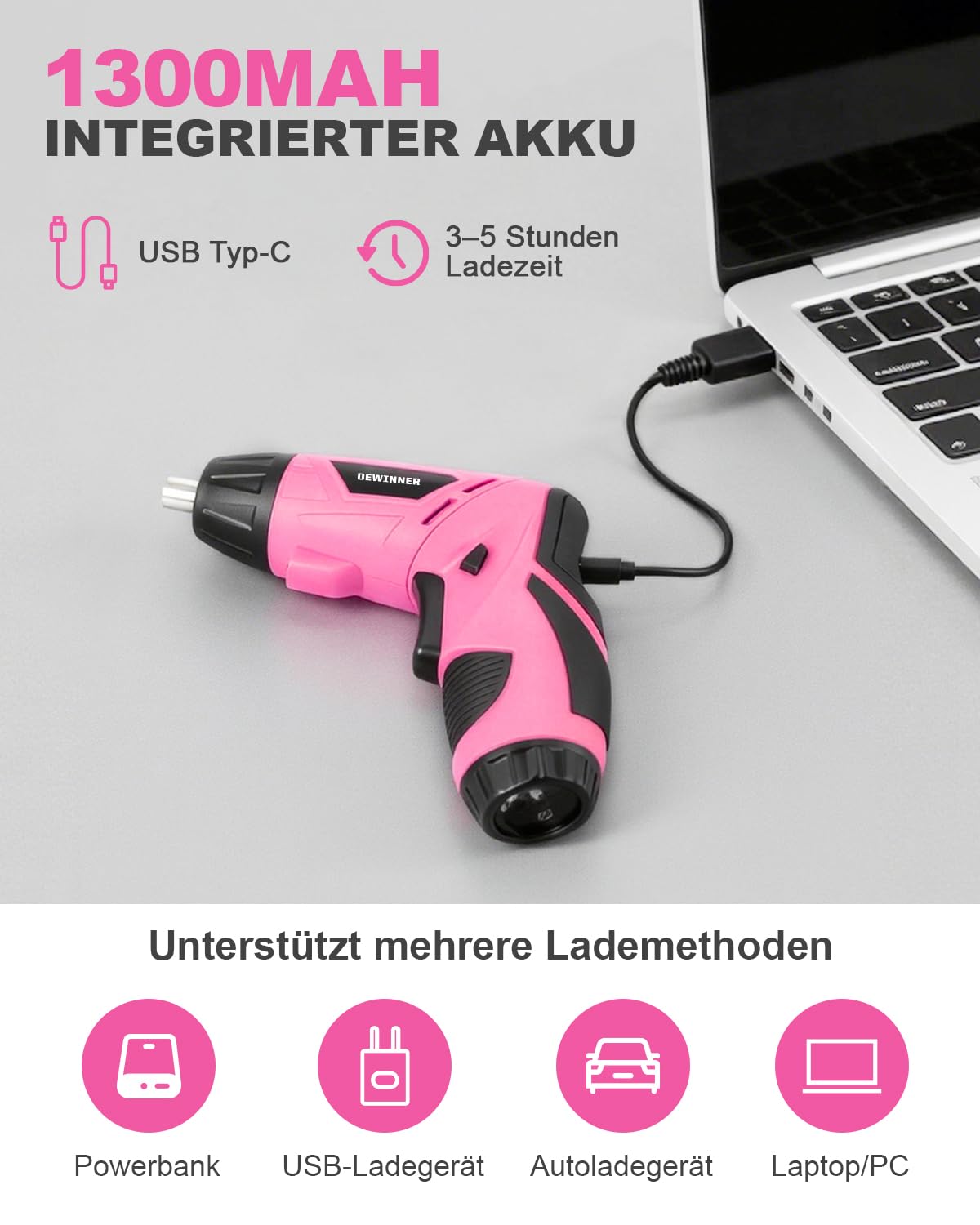 DEWINNER Destornillador Eléctrico Rosa 3N.m 1300mAh – Kit Taladro Destornillador Inalámbrico Recargable con Luz LED, Cable USB – Ideal para Bricolaje, Montaje de Muebles y Reparaciones Domésticas