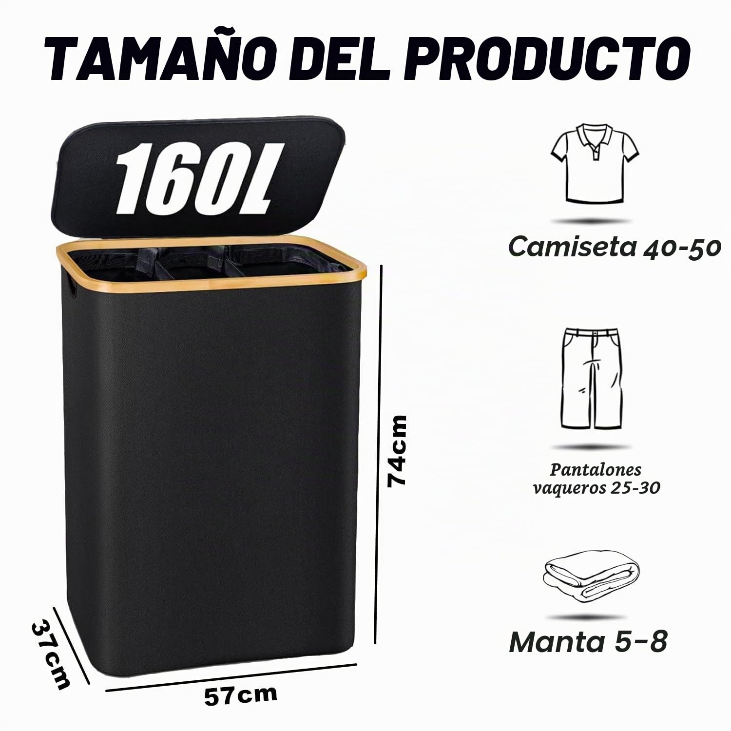 Cesto para la Colada con Tapa 160L,Cesto de Ropa Sucia con 3 Compartimentos,Cesta de Ropa Sucia Plegable y Bolsa Extraíble para Dormitorio,Baño,Lavadero