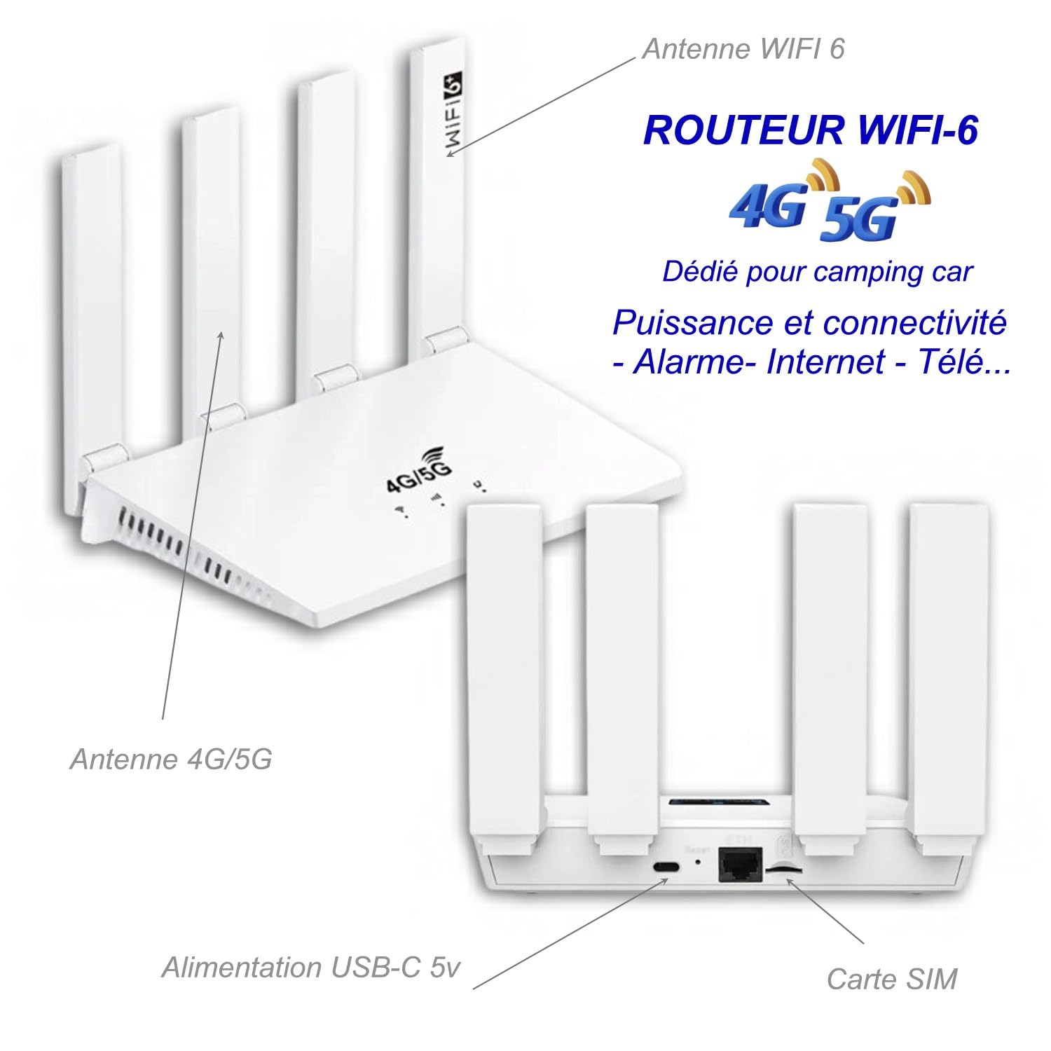 Alarme de Camping Car + Routeur WiFi 6 4G/5G + 1 Camèra de Surveillance 24h/24h – sans abonnement 2 Sirènes 125 DB - 5 Détecteurs d'ouvertures - 1 détecteur de Mouvement - 2 Télécommandes