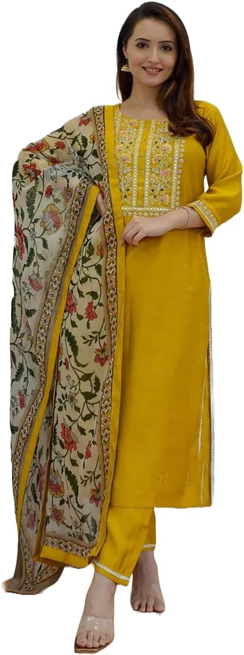 KEOSAWomens Rayon Embroidery Kurti Pant With Dupatta Set For Girls || Printed Kurta Set For Womens || Festival Kurta Set ||
