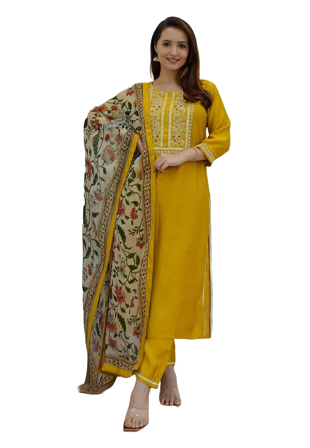 KEOSAWomens Rayon Embroidery Kurti Pant With Dupatta Set For Girls || Printed Kurta Set For Womens || Festival Kurta Set ||