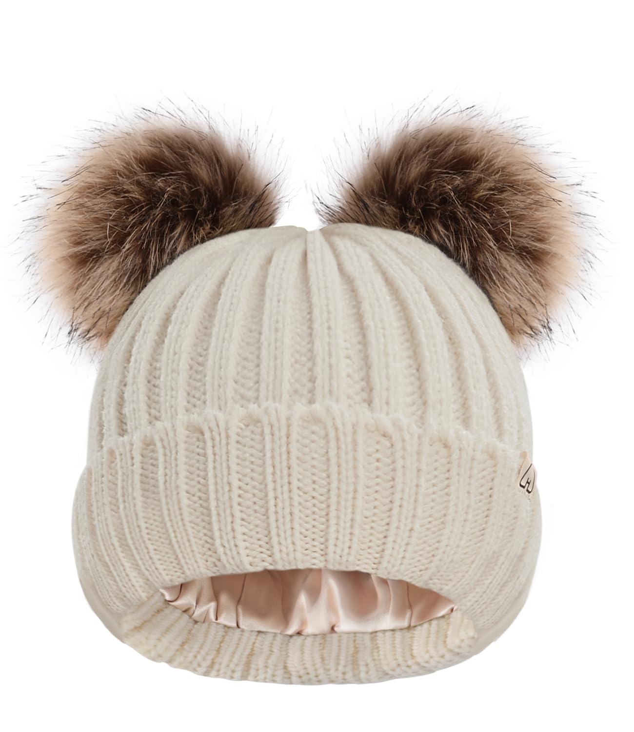 Hat Hut Men's B2-Beige 2 Poms Satin Lined Beanie For Baby Winter Hats For Kids Toddler Double Bobble Hat Pom Pom Beanie For Boys Girls (B2-Beige 2 Poms)