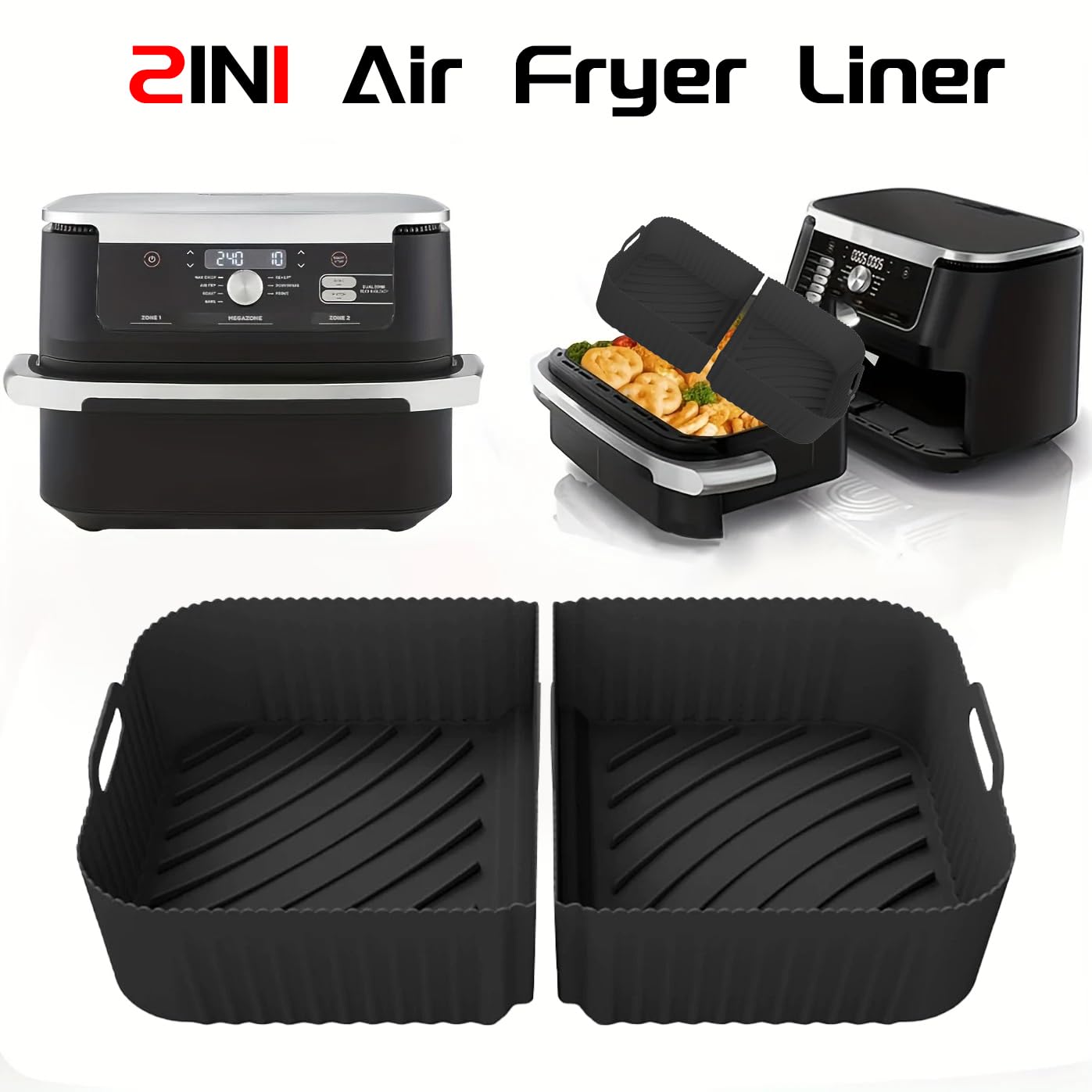 2-in-1 Black Silicone Air Fryer Liners for Ninja Foodi Flexdrawer Dual 10.4L AF500 - Groove Design for Drainage & Heat Circulation, Easy to Clean