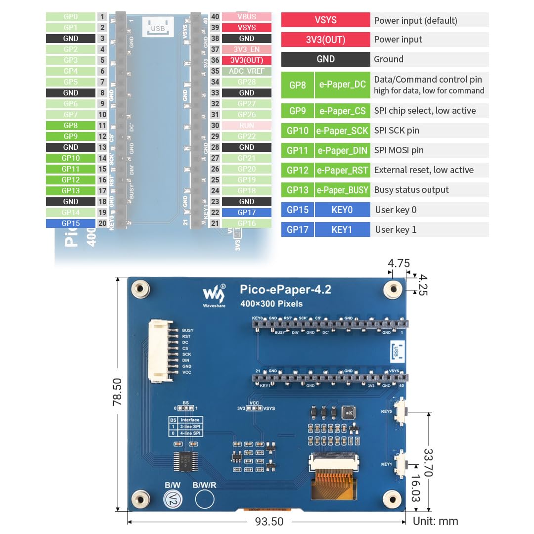 Waveshare 4.2inch E-Paper for Raspberry Pi Pico 400×300 Pixels Black/White E-Ink Display Module with SPI Interface